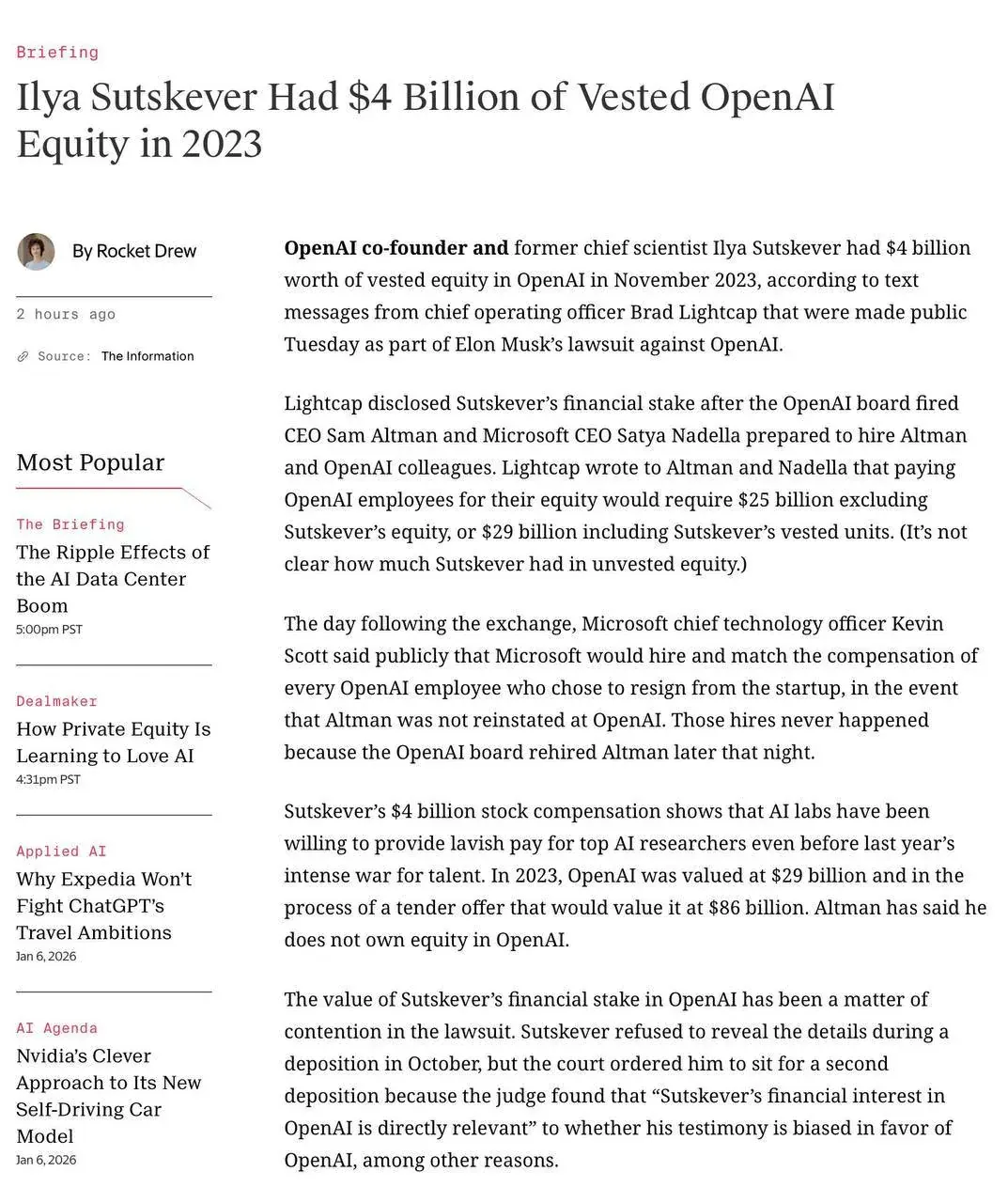Screenshot of a briefing article about Ilya Sutskever’s OpenAI equity and leadership messages