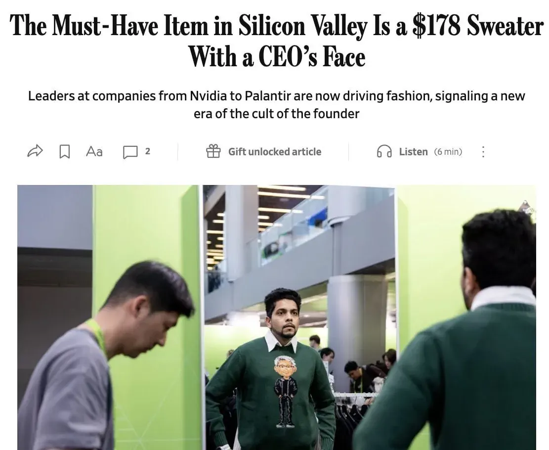Article screenshot about Silicon Valley founder culture and CEO-themed sweaters, relevant to founder control discussions Article screenshot about Silicon Valley founder culture and CEO-themed sweaters, relevant to founder control discussions