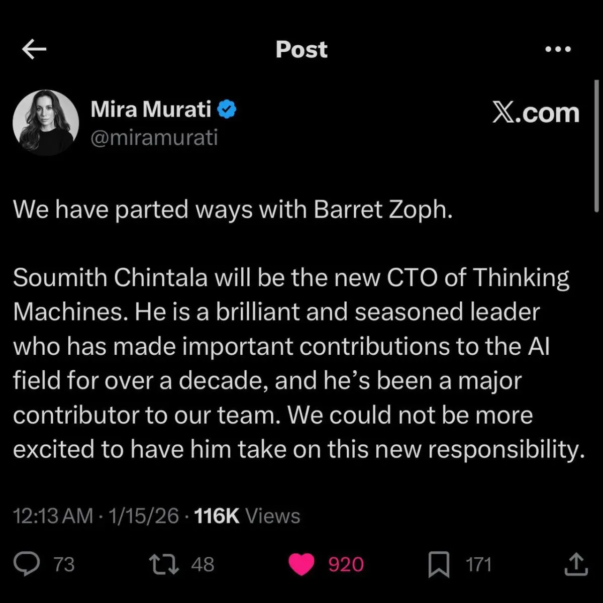 Screenshot of an X post announcing a CTO change, relevant to post-listing disclosure and management authority