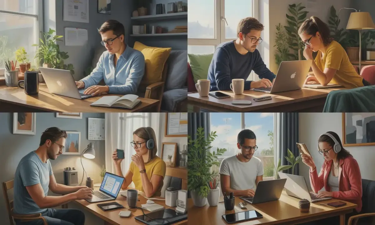 Four people in home offices using laptops for remote collaboration on founder share class planning
